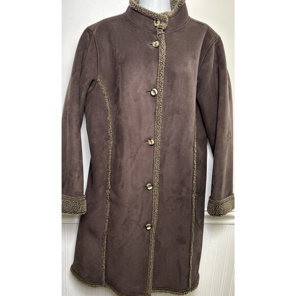 L.L. Bean Women's Large Sherpa Lined Faux Suede Coat Jacket Brown Button Collar - Picture 1 of 11